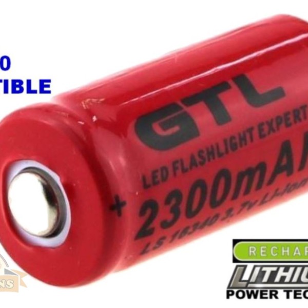 GTL CR123A, CR123A, LS 16340 Compatible Rechargeable 2300 mAh Li-Ion Battery